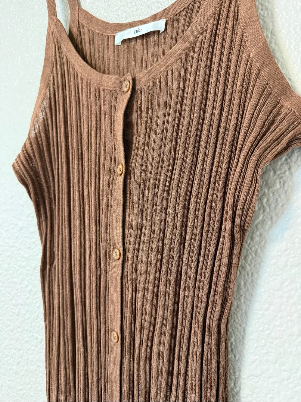 Alo Sunlit Button Down Tank Brown Summer Knit Tank Vacation Sexy Semi Sheer L